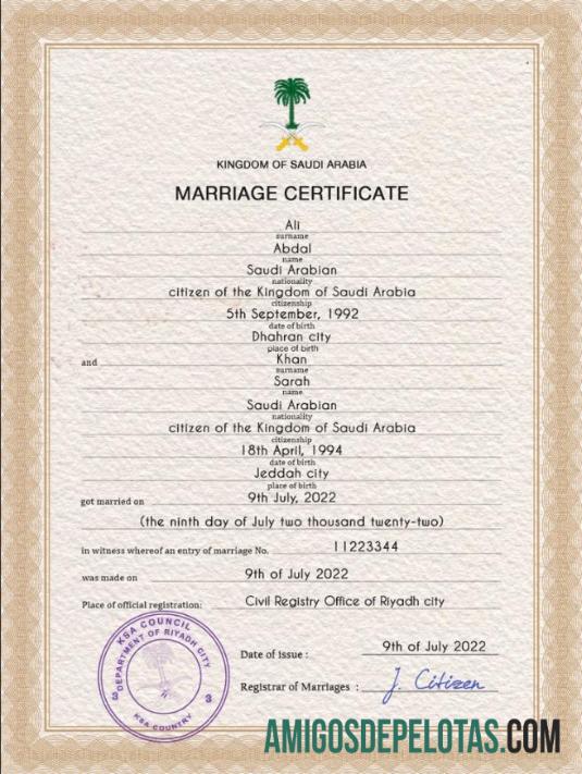 Em branco modelo PSD de certidão de casamento da Arábia Saudita